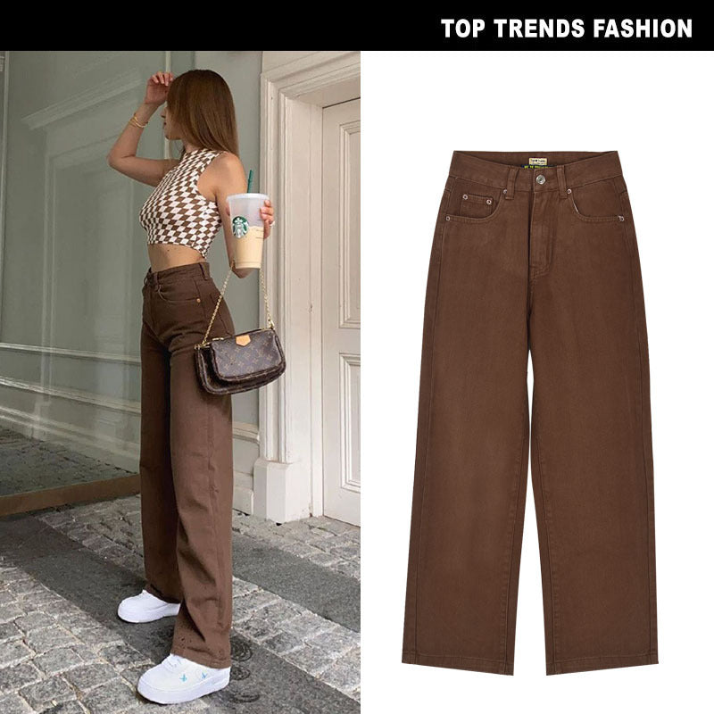 High Waist Straight Leg Dark Denim Trousers