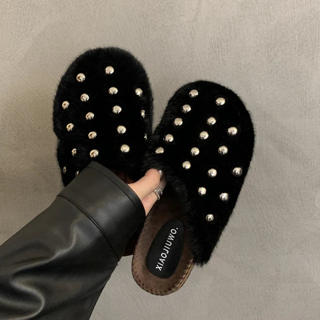 Rivet Plush Flat Mule Slippers