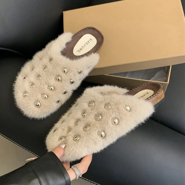 Rivet Plush Flat Mule Slippers