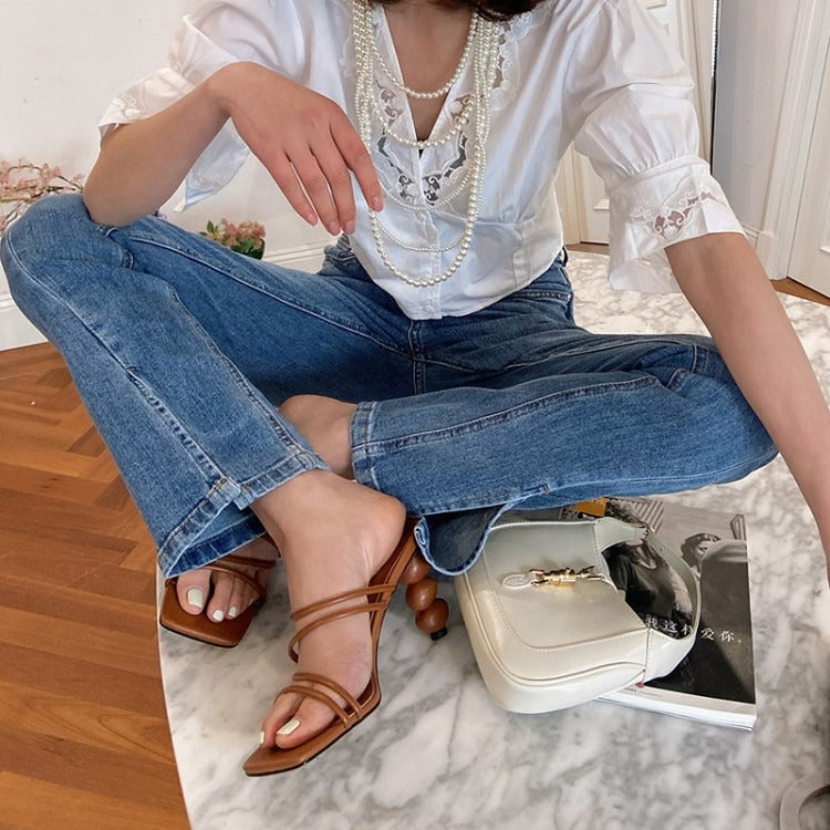 Women's Square Toe Gourd Heel Mule Sandals