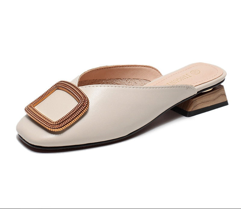 Women's British Wooden Block Heel Mule Pumps