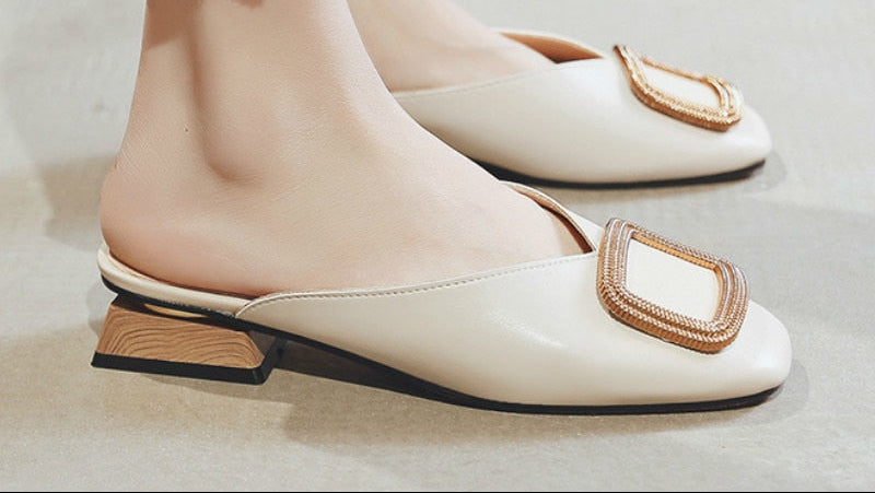 Women's British Wooden Block Heel Mule Pumps