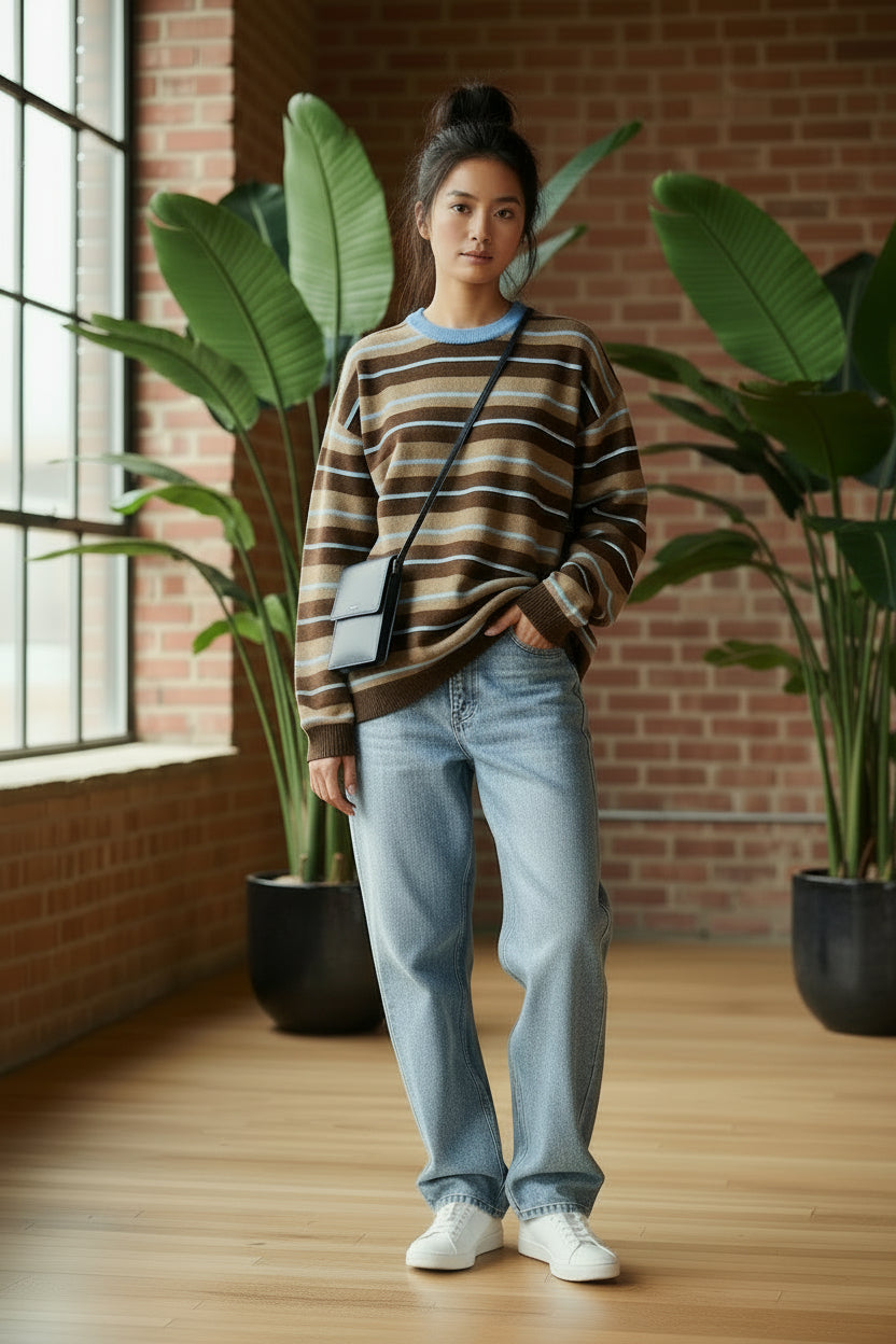 Women's Vintage Brown Stripe Crewneck Top