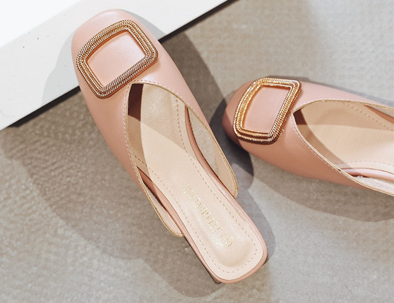 Women's British Wooden Block Heel Mule Pumps