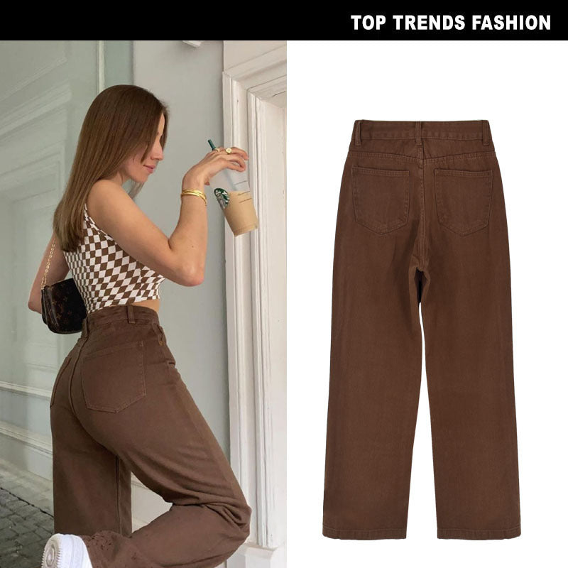 High Waist Straight Leg Dark Denim Trousers