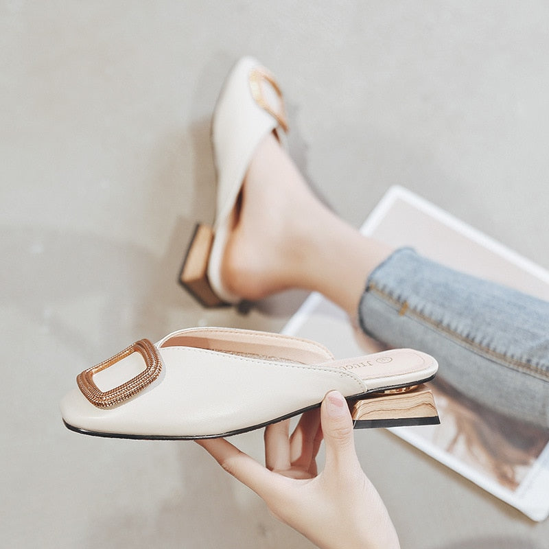 Women's British Wooden Block Heel Mule Pumps