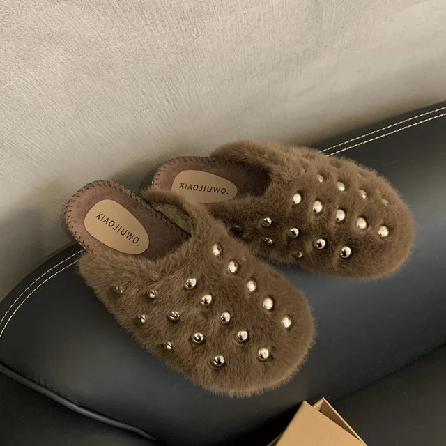 Rivet Plush Flat Mule Slippers