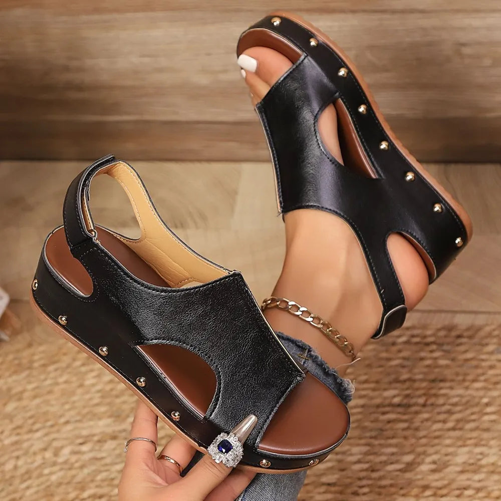 Women's Velcro Rivet Wedge Sandals