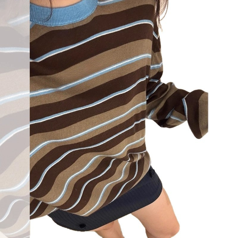 Women's Vintage Brown Stripe Crewneck Top
