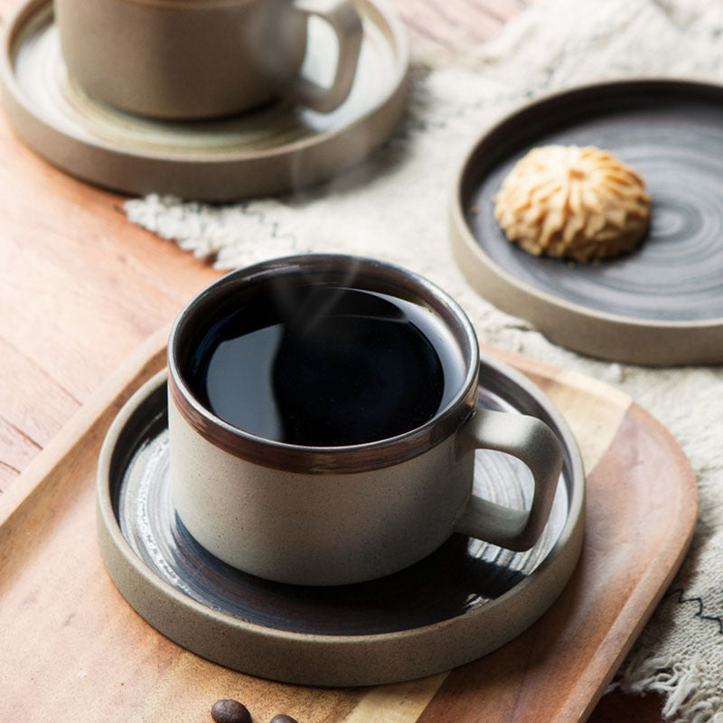 Coarse Pottery Coffee Cup & Plate Set