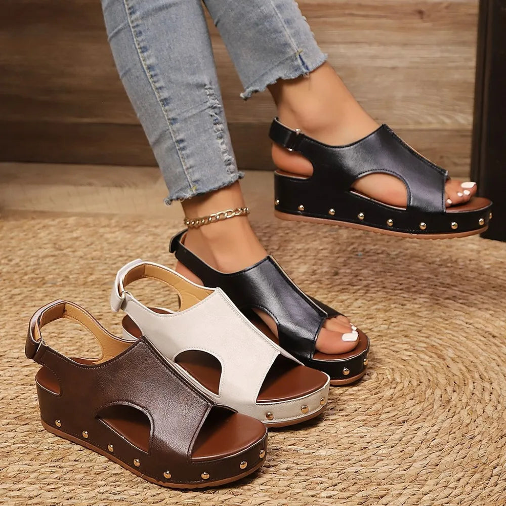 Women's Velcro Rivet Wedge Sandals