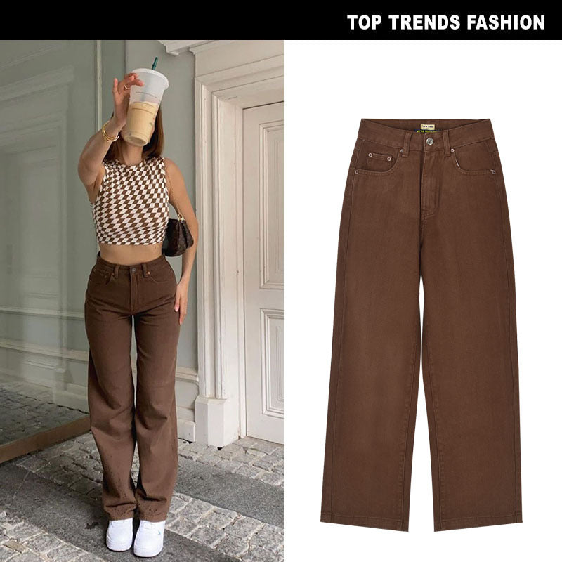 High Waist Straight Leg Dark Denim Trousers
