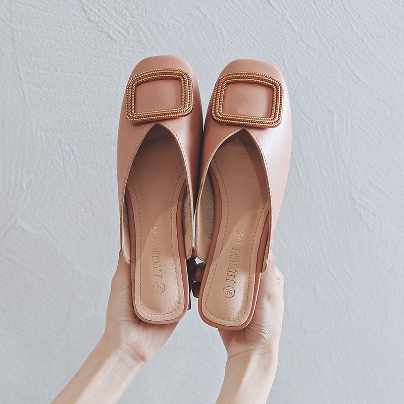 Women's British Wooden Block Heel Mule Pumps