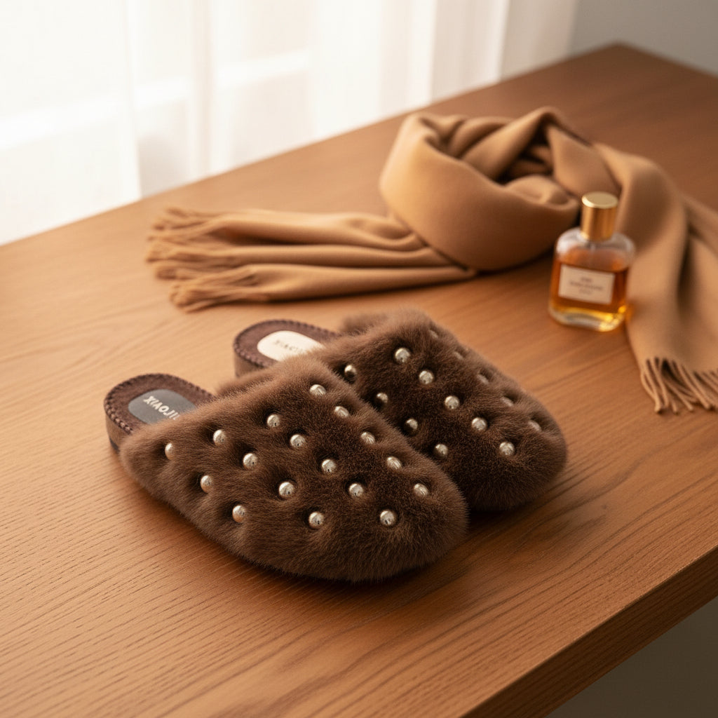 Rivet Plush Flat Mule Slippers
