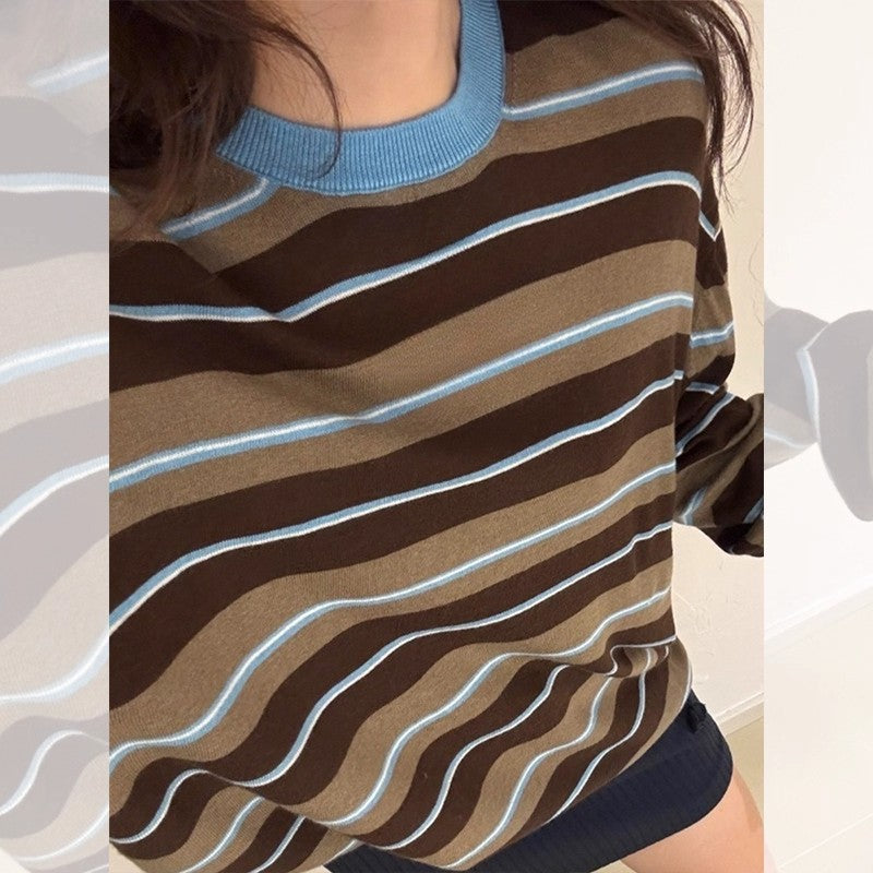 Women's Vintage Brown Stripe Crewneck Top