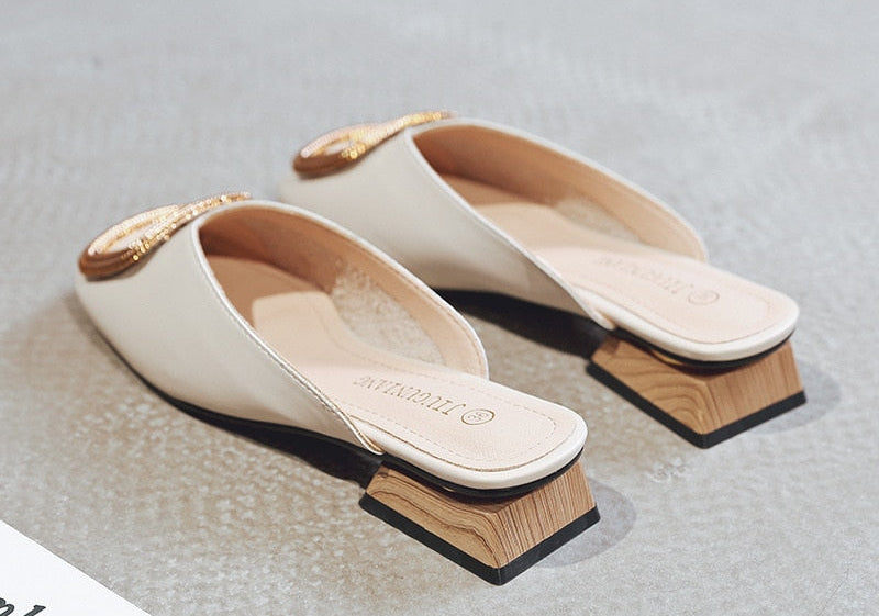 Women's British Wooden Block Heel Mule Pumps