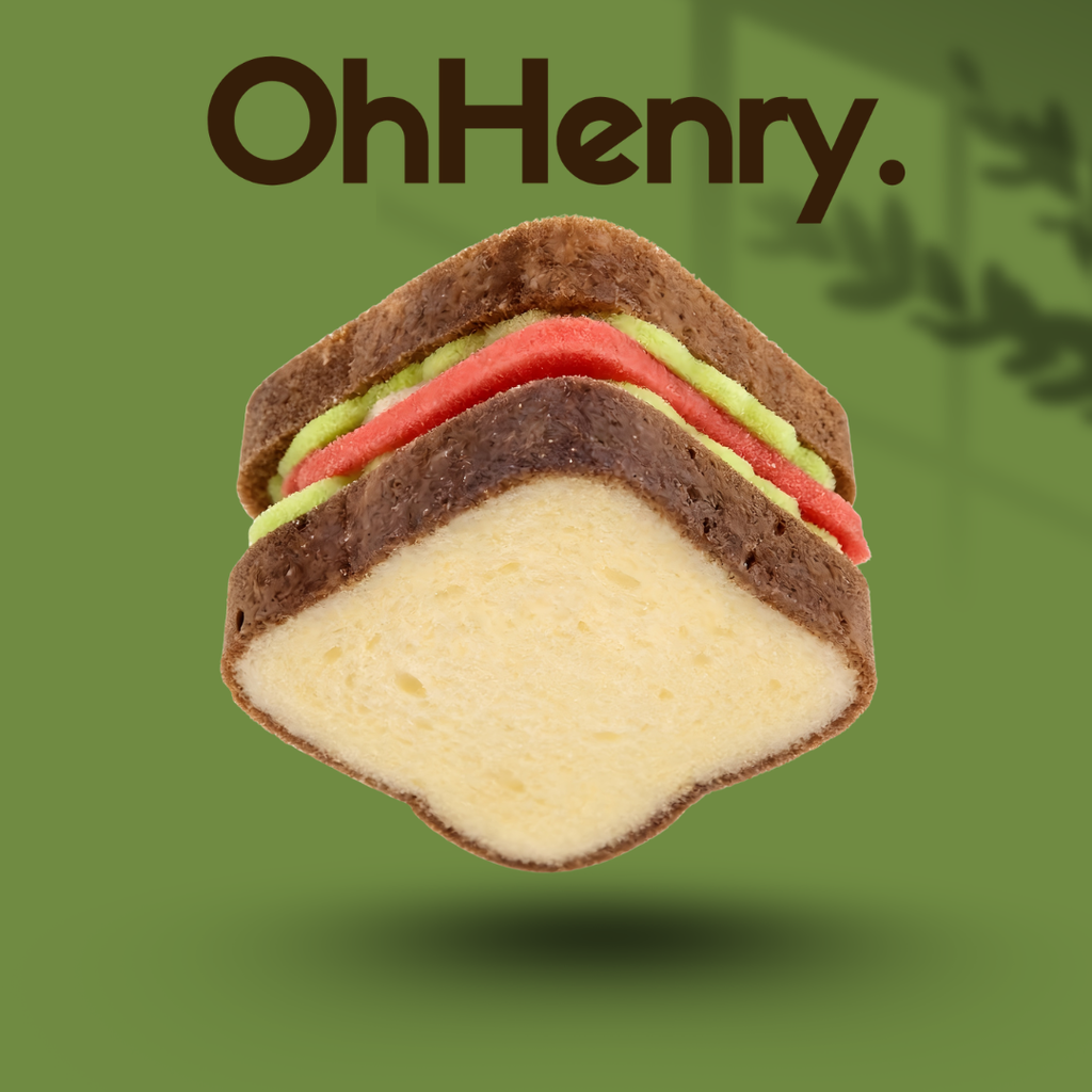 Sandwich-shaped dish sponge floating on sage green background with OhHenry. branding
