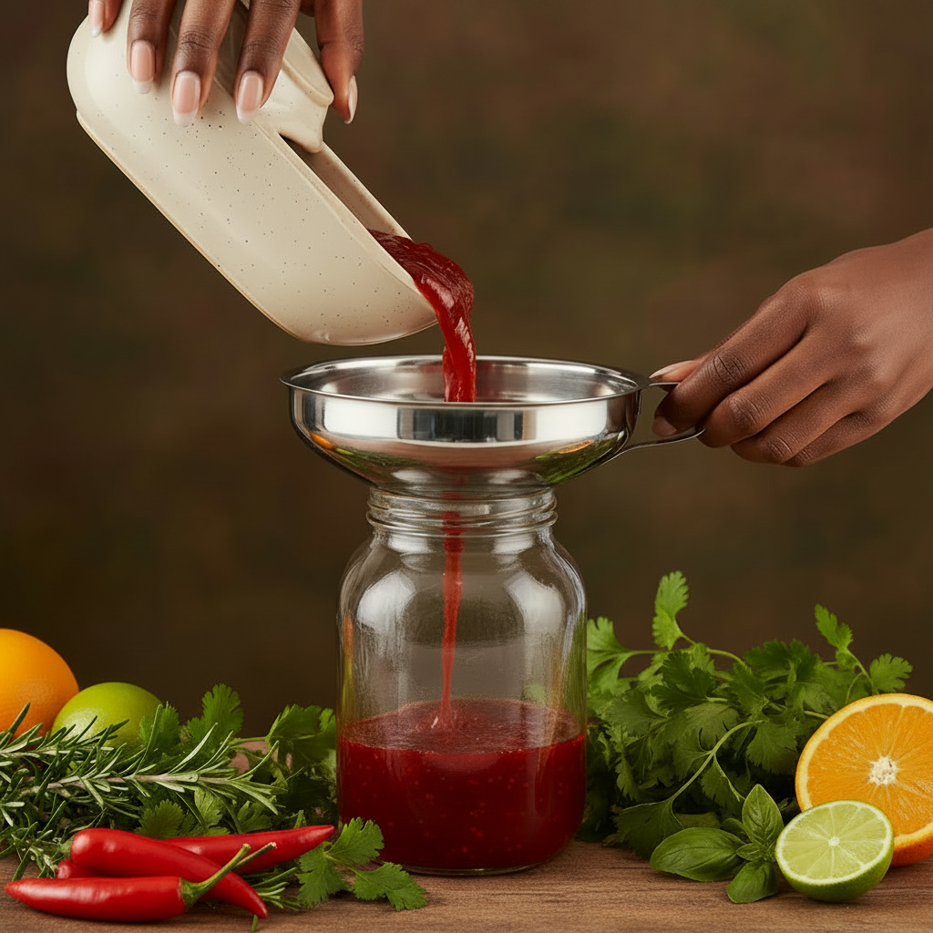 Wide mouth stainless steel kitchen funnel pouring chilli jam into a glass jar, surrounded by fresh red chillies and herbs