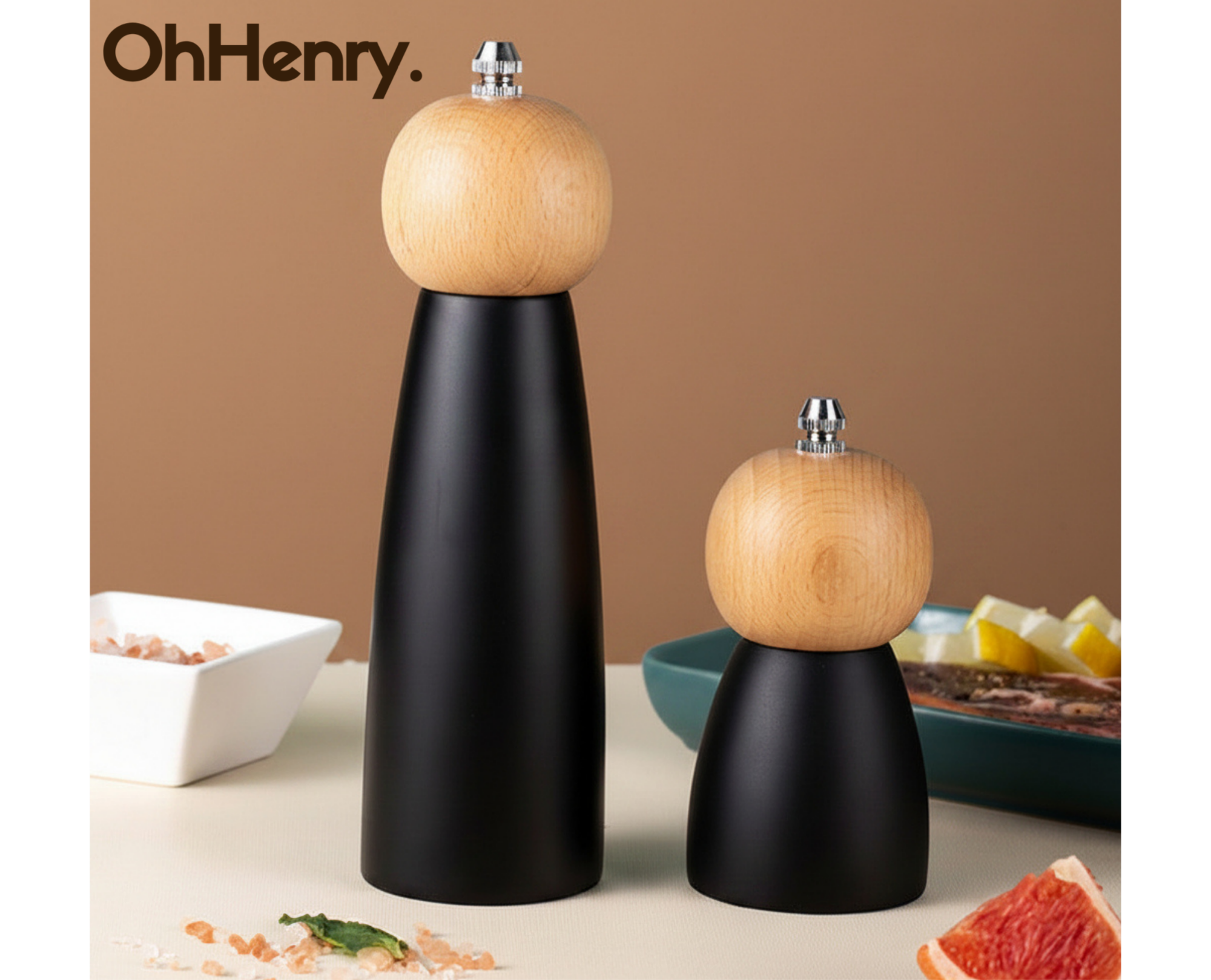 Wooden Pepper Grinder Mill set — two sizes in black and natural wood finish