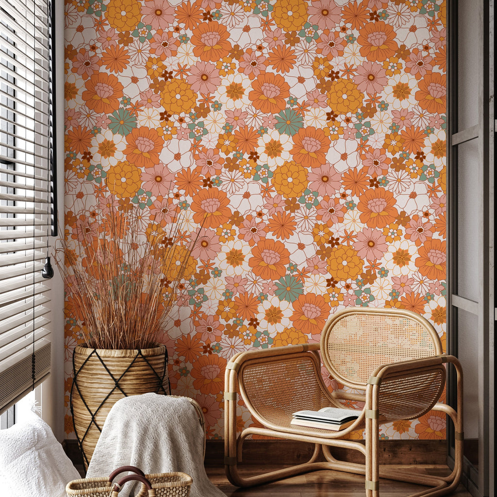 4496cm1999cm1pc OrangeThemed Floral Pattern PeelAndStick Wallpaper Home Wall Decor Fridge Magnets Cabinet Stickers Waterproof Removable Wallpaper for Living Room And Bedroom RW428