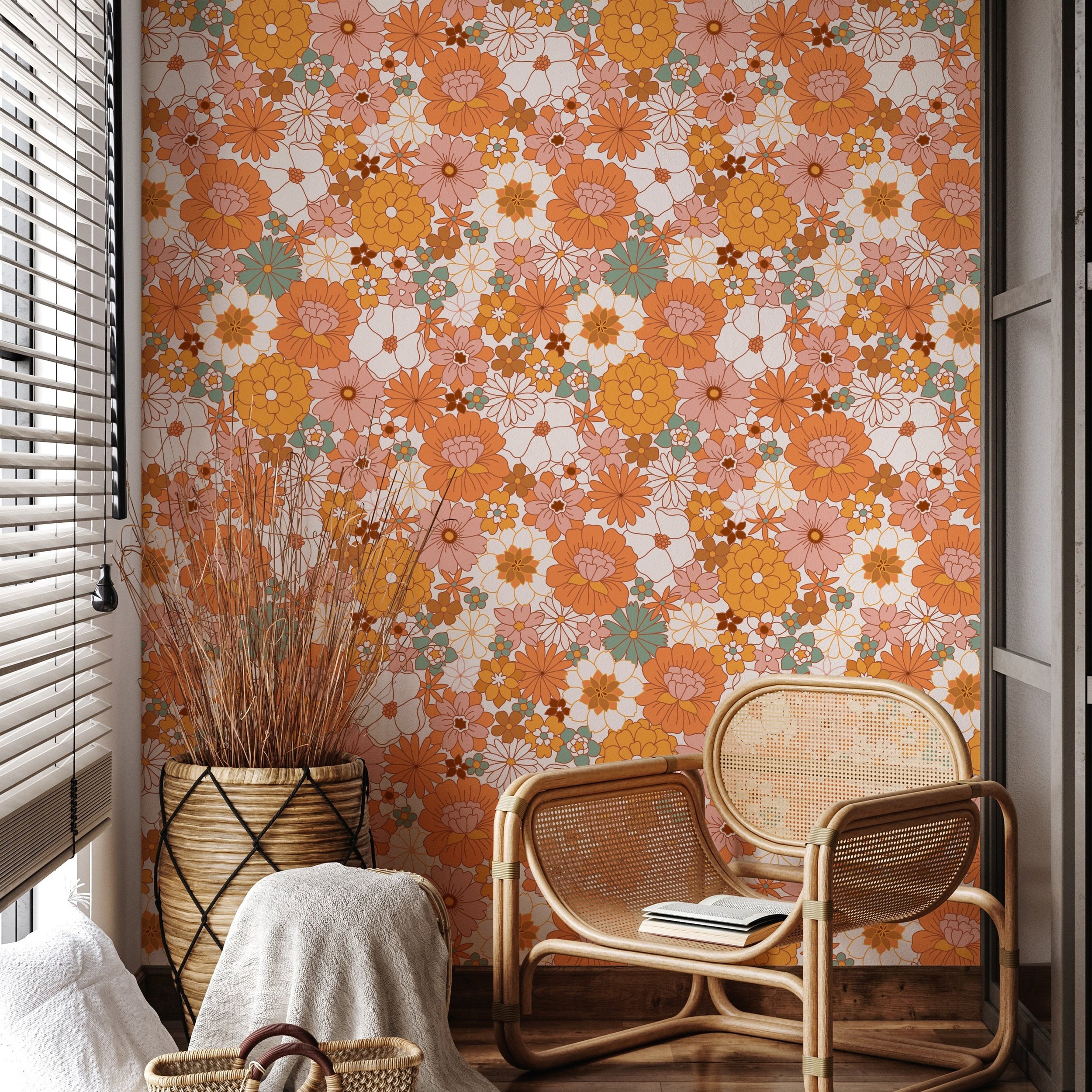 4496cm1999cm1pc OrangeThemed Floral Pattern PeelAndStick Wallpaper Home Wall Decor Fridge Magnets Cabinet Stickers Waterproof Removable Wallpaper for Living Room And Bedroom RW428
